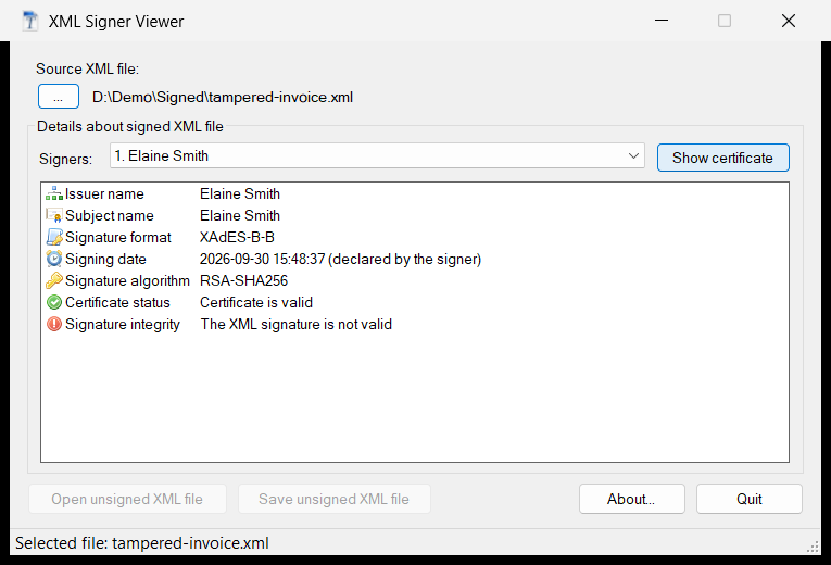XML Signer Viewer showing an invalid signature