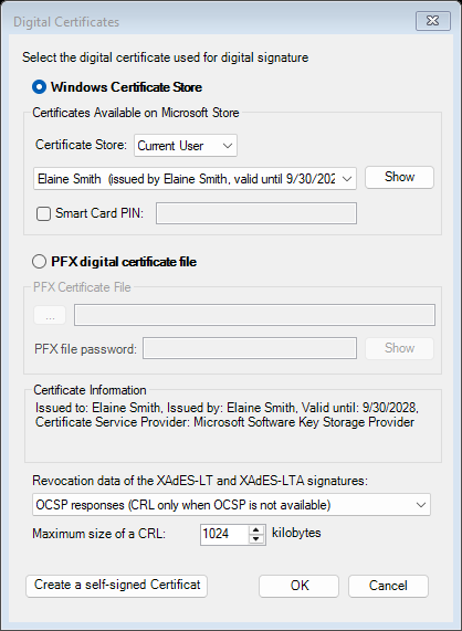 Digital Certificates window with the Windows Certificate Store option